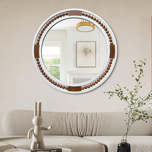32 Inch Round Boho Wall Mirror, Large Rustic Coastal Wall Decor with White Wood Frame and Brown Bead Accents,Farmhouse Decorative Mirror for Entryway, Bedroom, Living Room