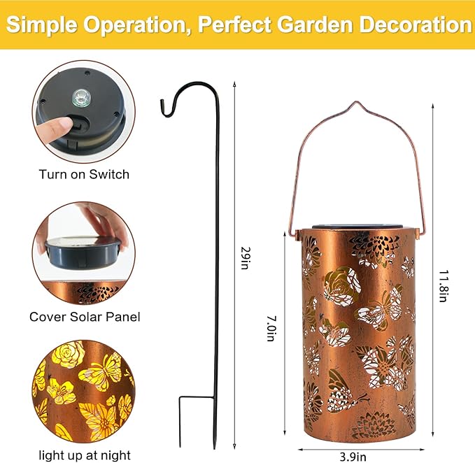 Mothers Day Gifts, Butterfly Flower Birthday Gifts for Women, Solar Lanterns Outdoor Waterproof, Garden Decor Metal Hanging Decorative Solar Lights for Patio, Gardening Gifts for Women Mom Grandma