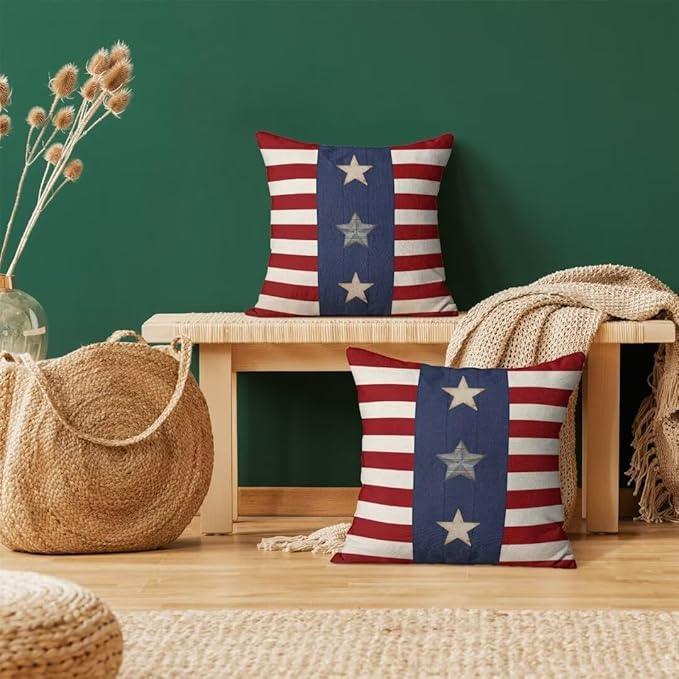 BETGINY 4th of July Pillow Covers 24x24 Set of 2, American Flag Stars and Stripes Freedom Throw Pillow Covers Linen Farmhouse Liberty Patriotic Independence Day for Couch Sofa Home Outdoor Decor