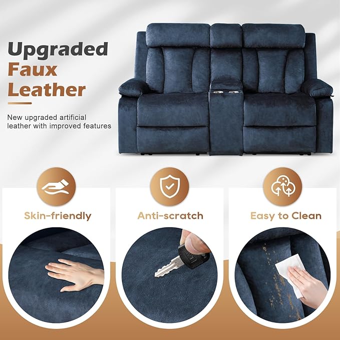 Power Reclining Loveseat with Console, Power Loveseat Recliner Sofa with Heat and Massage, Wall Hugger Loveseat Recliner with Dual Ports, Cup Holders for Living Room, RV Sofa (Blue, Loveseat)