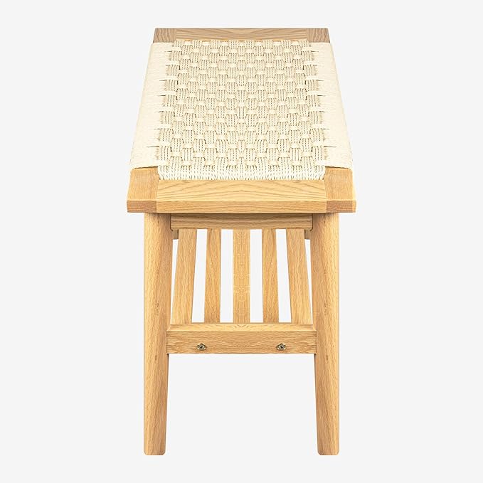 Solid Wood Narrow Bench with Storage, 33.46" Woven Bench for Entryway and Hallway, End of Bed Bench with Oak Frame, Boho Accent Bench (Natural White)