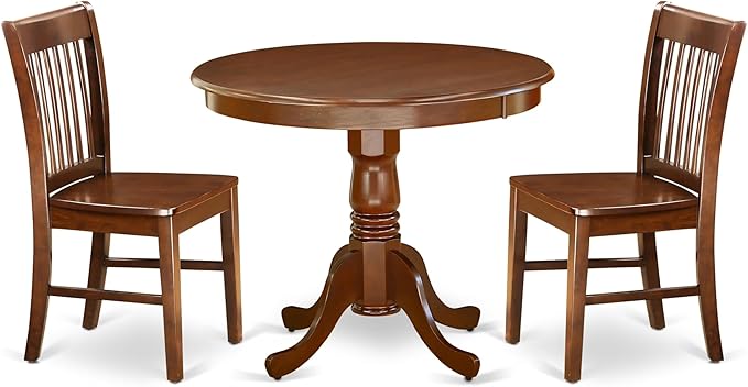 East West Furniture ANNO3-MAH-W 3 Piece Dining Room Table Set Contains a Round Kitchen Table with Pedestal and 2 Dining Chairs, 36x36 Inch, Mahogany