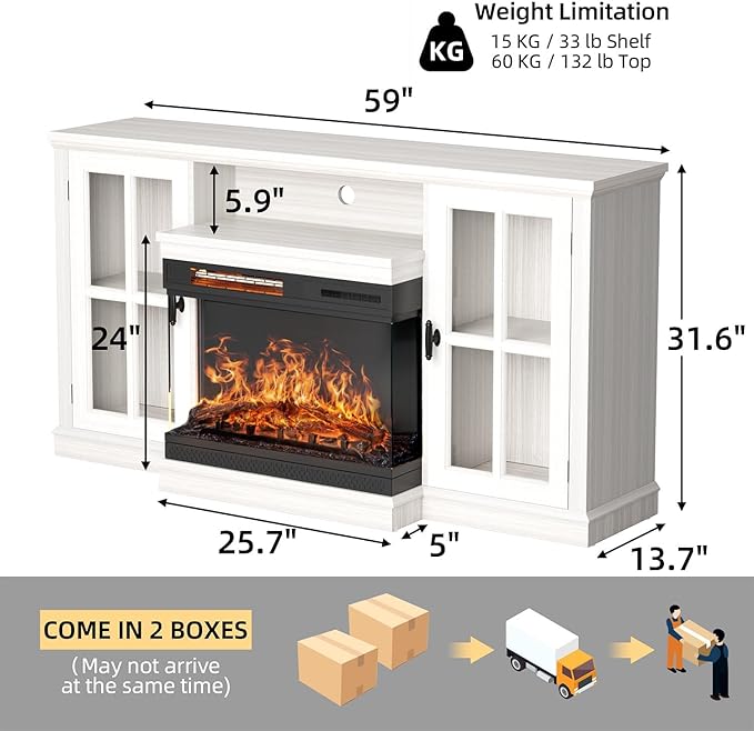 YESHOMY Glass Fireplace TV Stand for TVs up to 65 Inch, Media Entertainment Center with Storage, White Wash