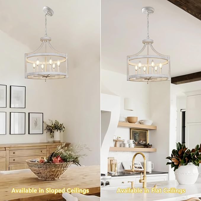 6-Light Farmhouse Chandelier, 19.3'' Vintage Chandeliers for Dining Room, Antique White Semi Flush Mount Ceiling Light, Rustic Metal Hanging Pendant Light Fixture for Entryway Foyer Hallway