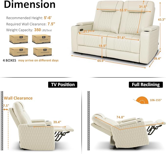 MCombo 65" Zero Gravity Oversized Power Reclining Loveseat with Adjustable Headrest for Living Room, Double Recliner Sofa with USB & Type C Port, Armrest Storage & LED Light HTS401SET