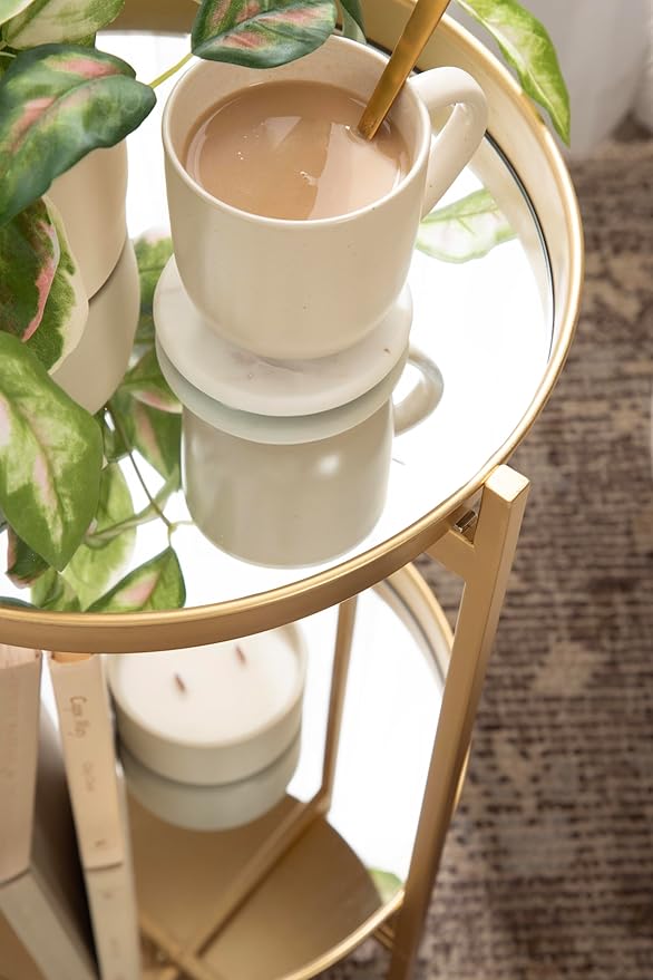 Kate and Laurel Celia Round Metal Foldable Tiered Side Table; 16 x 26; Gold; Modern Accent Table with Mirrored Magnetic Tray Tabletops and Space-Saving Folding Base