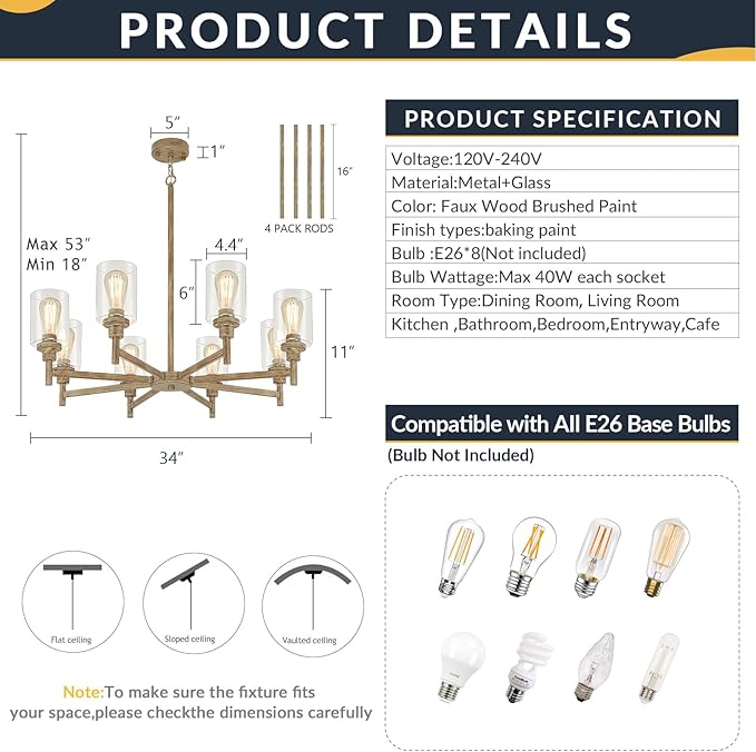 Farmhouse Chandeliers for Dining Room Light Fixture | 8 Light Rustic Chandeliers Over Table | Fake Wood Hanging Lighting with Clear Glass Cover for Living Room | Kitchen Island | Entryway | Bathroom