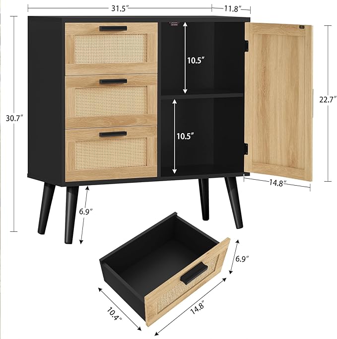 TEENFON Storage Cabinet with Adjustable Shelf & 3 Drawers, Rattan Cabinet with Doors, Freestanding Floor Accent Storage Unit for Living Room, Home Office, Natural + Black