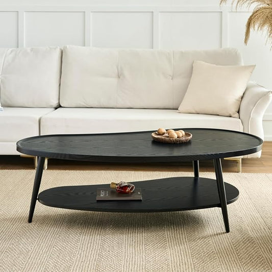 Saint Mossi Black Coffee Table for Living Room, Mid-Century Mango Shaped Wood Coffee Table, 2-Tier Center Table for Small Space, Black Board, D47xW23.6xH15