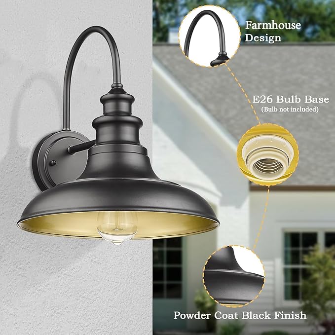Outdoor Barn Light Fixtures, 12.3 Inch Large Dome Farmhouse Wall Mount Light Wall Sconces, Exterior Wall Lighting Fixtures Industrial Black Gold Lantern Lamps for Porch Garage Patio, 4 Pack