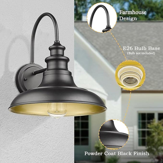 Outdoor Barn Light Fixtures, 12.3 Inch Large Dome Farmhouse Wall Mount Light Wall Sconces, Exterior Wall Lighting Fixtures Industrial Black Gold Lantern Lamps for Porch Garage Patio, 4 Pack