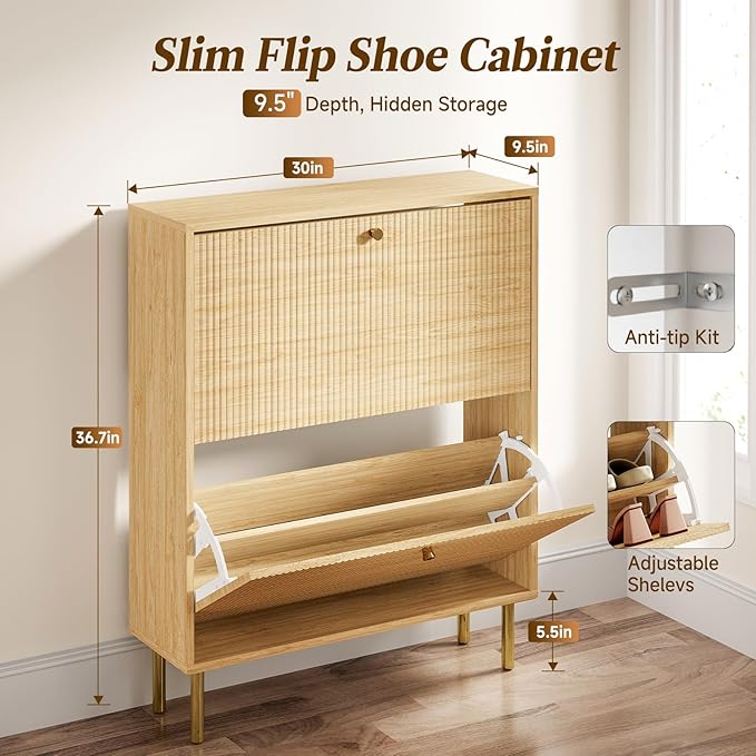Nicetree Shoe Storage Cabinet for Entryway - Flip Shoe Cabinet with Tiered Fluted Design - Slim Shoe Storage Rack with Gold Legs - Narrow Shoe Cabinet Hidden Shoe Organizer for Small Spaces