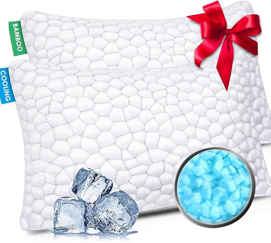 Cooling Pillow Queen Size Set of 2, CertiPUR-US Shredded Memory Foam Pillows, Cool Bed Pillows for Hot Sleepers Sleeping, Adjustable Firm Pillow for Side,Back,Stomach Sleepers,Sleep Gift for Mom