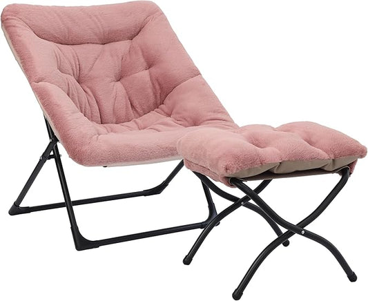 Comfy Saucer Chair for Adults, Soft Faux Fur Bedroom Chair with Ottoman, Accent Dorm Chairs, Living Room Reading Chairs and Footstool, Folding Seat for Teens, X-Large, Dusky Pink
