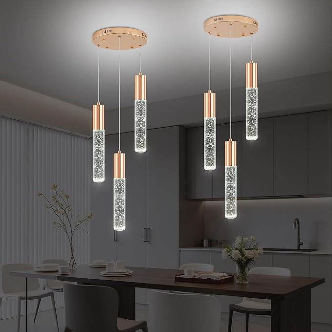 Modern Crystal Chandelier for Kitchen Island 3-Lights, Elegant Gold LED Bubble Pendant Lighting Fixture for Dining Room Bedroom Entryway