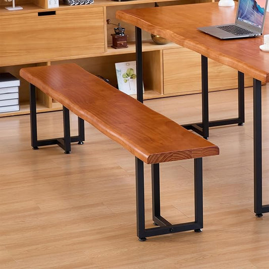 Durable Solid Wood Top Bench with Metal Triangular Legs – Stylish Long Dining Bench for Home, Office, Restaurant & Patio (Wooden Brown Bench, 55.12in)