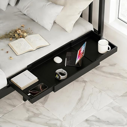 MinBoo Expandable Nightstand Shelf Bamboo College Caddy for Top Bunk Clip Bedside Shelf Floating Bed Side Table Tray Storage Dorm Room Decor College,Black