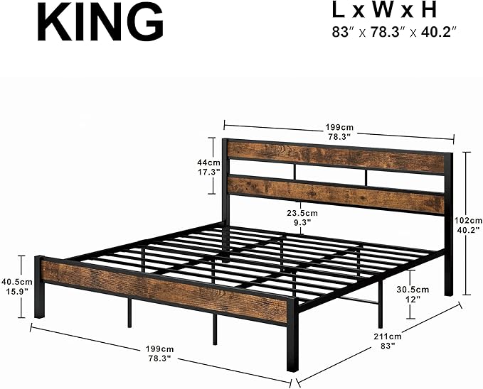 LIKIMIO King Bed Frame and Headboard, Easy Assembly, Noise-Free, No Box Spring Needed, Heavy Strong Metal Support Frames, Vintage Brown
