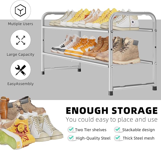 SUFAUY Mesh Shoe Rack Two Tier Stackable Closet Metal Shoe Organizer Shelf, Gray