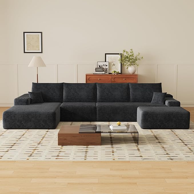 135" U Shaped Sectional Couch with Ottoman, Large Sectional Couches for Living Room, Plush Corduroy Convertible Sleeper Sofa, Compressed Foam Sofa in a Box No Assembly, Left Facing Chaise, Black