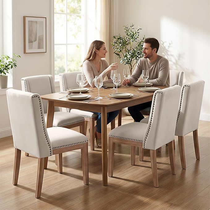 Dining Chair Set of 6, Upholstered Fabric Kitchen Side Chairs with Solid Wood Legs, Comfortable Seating for Kitchen, Dining Room & Restaurant, Camel