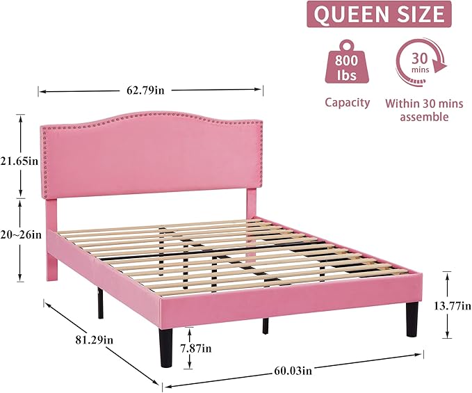 VECELO Queen Bed Frame Platform Bed Frame with Upholstered Headboard, Strong Frame and Wooden Slats Support, Strong Weight Capacity, Non-Slip and Noise-Free, Easy Assembly,Pink