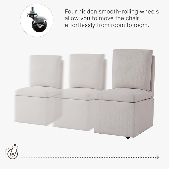 Upholstered Dining Chairs with Casters, Modern Dining Room Chairs Set of 2 with Hidden Storage & 4 Wheels, Single Sofa Chair for Kitchen, Reading Room, Waiting Room, Linen
