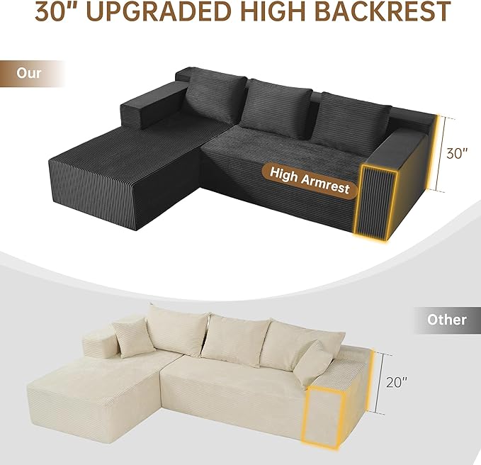 Nigoone 103" Boneless Corduroy Sectional Couch with Left Chaise, Modular L Shaped Couches for Living Room, Large Minimalist Modern Deep Seat Floor Sofa Set, No Assembly