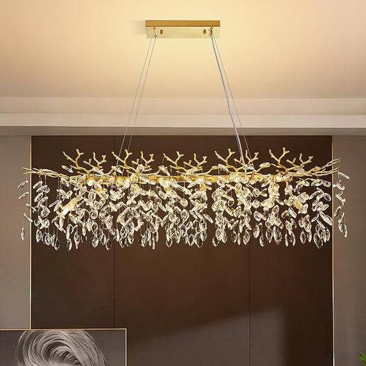 Modern Rectangular Chandelier, 47.3" Gold Crystal Tree Branch Chandelier 14 Lights Luxury Raindrop Light for Dining Room, Kitchen Island, Living Room