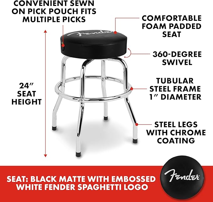 Fender Spaghetti Logo Swivel Barstool with Guitar Picks Pouch, Great Gifts for Dad, with 1 Year Limited Warranty, Simple Assembly, Black/Black, 24"