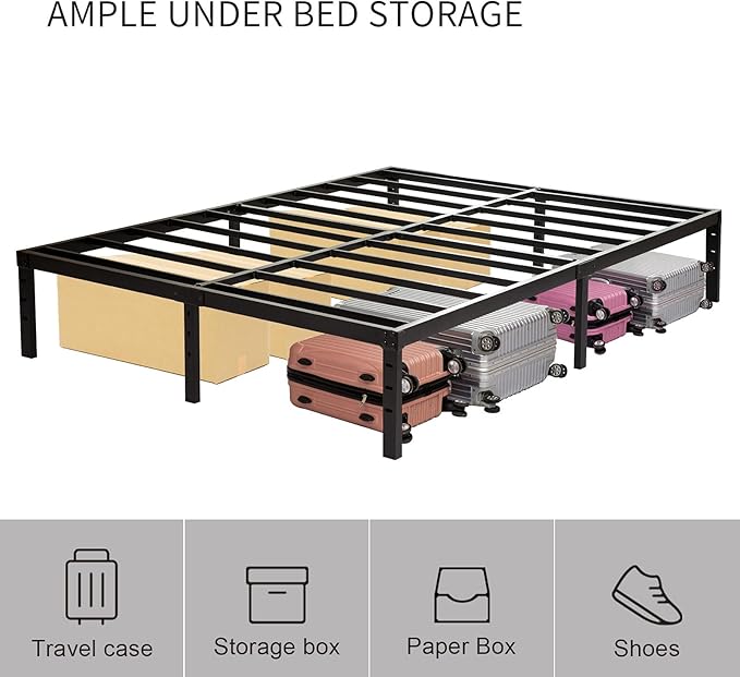 Full Size Bed Frame 18 inch Tall, 3500lbs Heavy Duty Metal Platform with Steel Slats Support, No Box Spring Needed, 18-inch Bedframe with Ample Storage, Sturdy and Noise-Free, Black