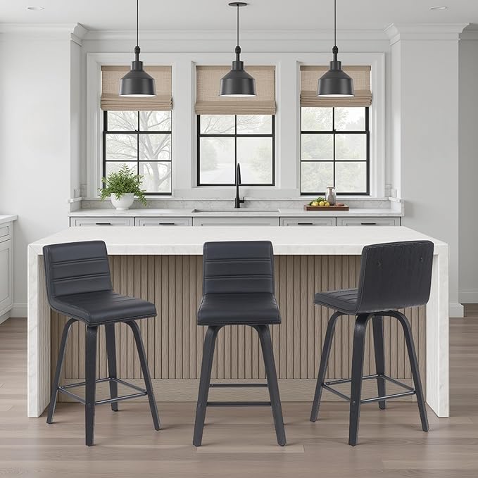 Vienna Modern Counter Height Swivel Bar Stool with Black Faux Leather Seat and Black Brushed Wood Frame Set of 2