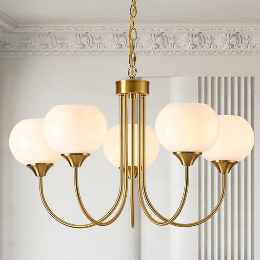 Modern Globe Chandelier 5 Light Mid Century White Milk Glass Vintage Sputnik Hanging Chandeliers Gold Pendant Light Fixtures for Dining Room Kitchen Living Room Bedroom