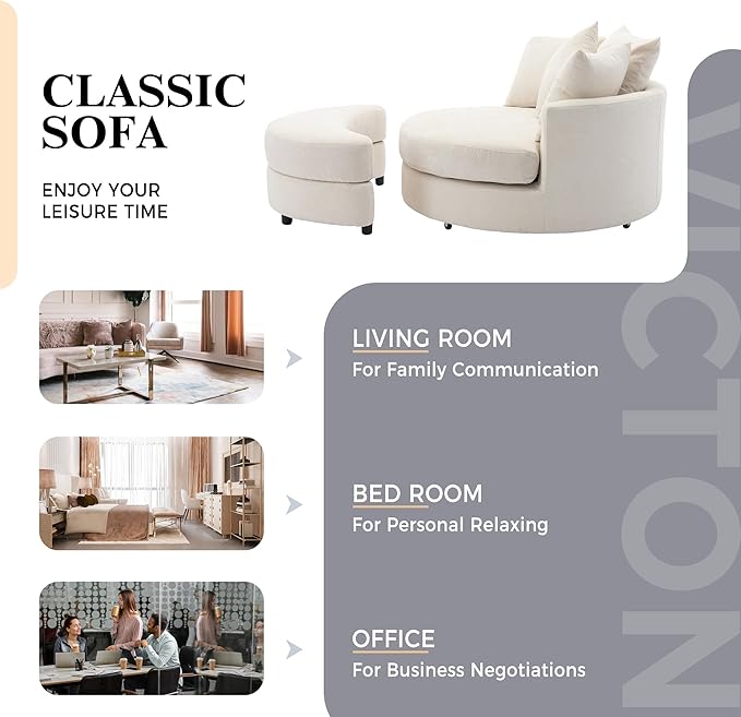 ERYE Oversized Round Accent Barrel Chair with Storage Ottoman and 360 Swivel Base, Modern Chenille Upholstered Leisure Recliner Armchair for Living Room Bedroom