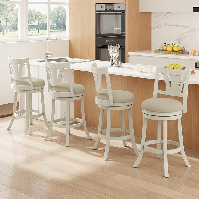 Swivel Bar Stools Set of 5,26 Inch Counter Height Barstool with Silent Rotation, High-Density Foam Cushion, Solid Wood Frame, Footrest & Anti-Slip Pads for Kitchen Islands and Home Bars (White)