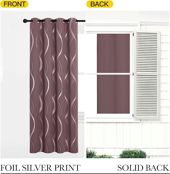 NICETOWN Dry Rose Blackout Curtain Panels 84 for Living Room and Bedroom 2 Panels, 52 x 84, Noise Reducing Thermal Insulated Wave Line Foil Print Design Window Treatments for Patio Sliding Glass Door