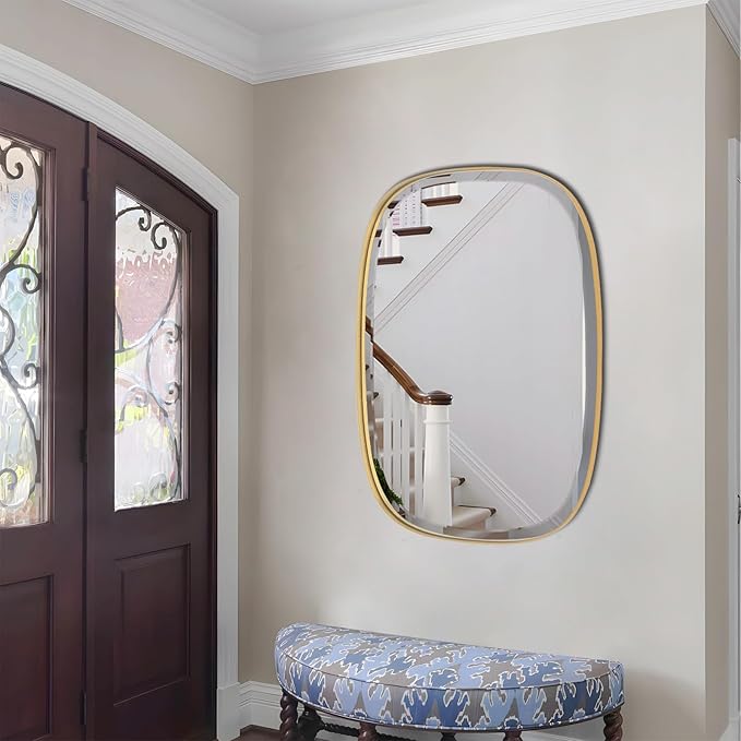 POZINO Bathroom Beveled Mirror, 24"x32" Brushed Gold Mirrors for Over Sink, Brass Rounded Rectangle Mirrors, Modern Vanity Wall Mirror in Premium Stainless Steel Frame, Horizontal or Vertical Hanging