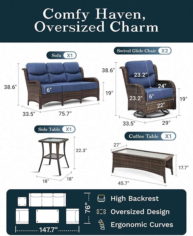 High Back Outdoor Furniture with Extra Thick Cushion Patio Swivel Rocking Chairs, Comfort 3-Seat Sofa, 5PCS Oversized Wicker Conversation Set for Porch, Deck, Yard in Blue