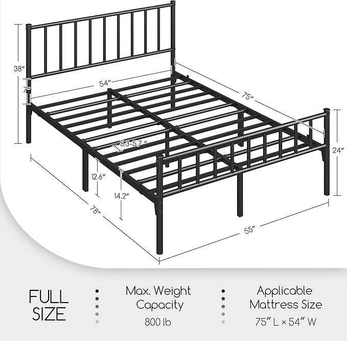 Yaheetech 14 Inch Full Size Bed Frame Metal Platform Bed with Spindle Headboard Footboard/Mattress Foundation/No Box Spring Needed/Underbed Storage Space/Steel Slat Support/Easy Set up, Black