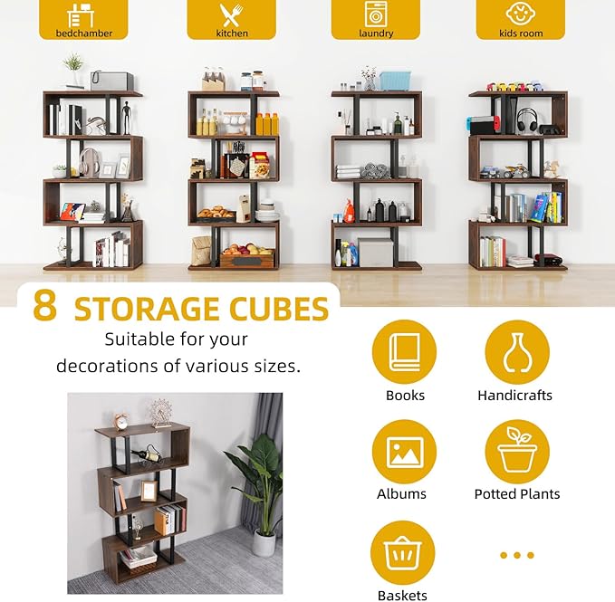 DWVO Geometric Bookshelf, 5-Tier Bookshelf S-Shaped Bookshelves, Industrial Geometric Bookcase Freestanding Multifunctional Storage Shelving for Living Room Home Office, Retro Brown
