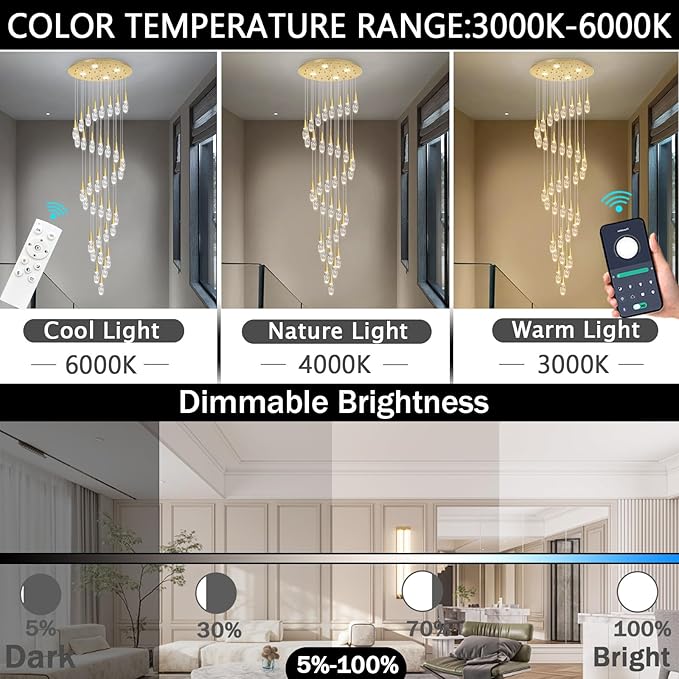 36-Lights 197 Inches Large Modern Chandelier LED Light Fixtures High Ceiling Long Light Chandelier for Entrance Foyer Dimmable Lights with Remote Living Room Ceiling Pendant Lighting Shine Gold