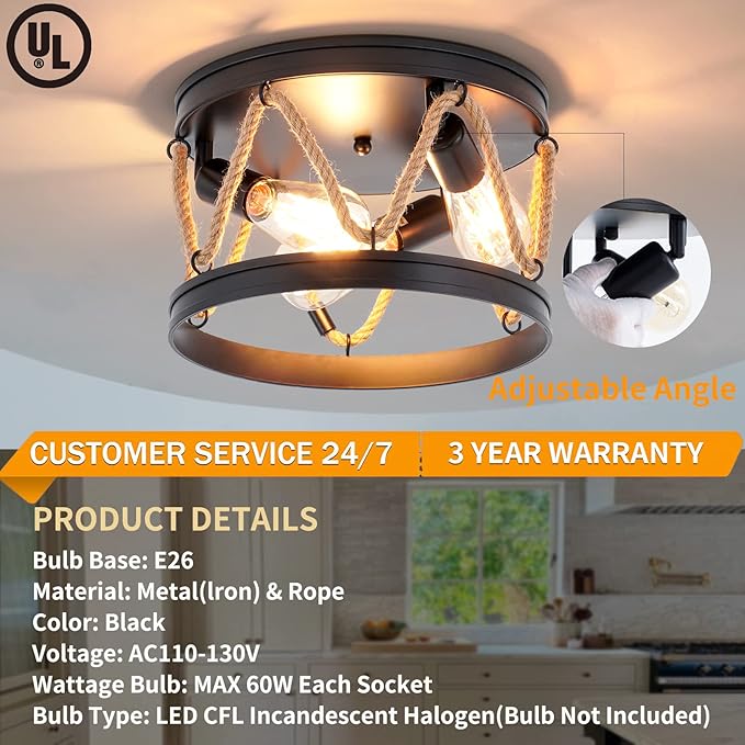 Industrial 3-Light Farmhouse Ceiling Light Fixture with Rope Shade, Rustic Vintage Black Metal Round Ceiling Lamp for Dining Room, Hallway, Foyer, Bedroom, Entryway