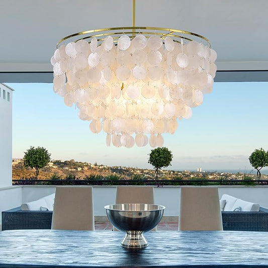 Wellmet Capiz Shell Chandelier, 6 Lights Gold Coastal Chandeliers for Dining Room, Modern Pendant Lighting Fixtures with Seashell Shade for Bedroom Living Room Hallway Foyer, W-23.62”