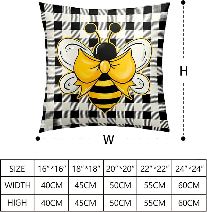 Bee Pillow Covers 16x16 Spring Summer Throw Pillow Covers Black and White Buffalo Plaid Throw Pillow Bee Decorations Home Decor for Indoors Couch Bed in 2 Pcs