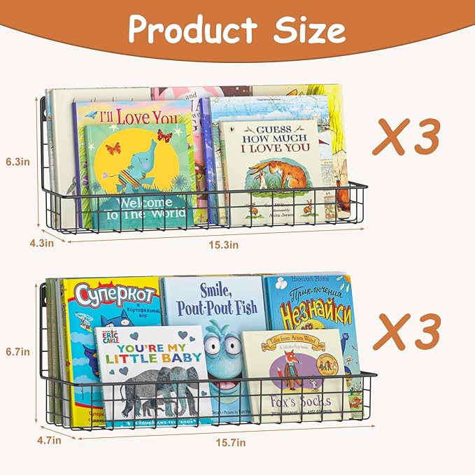 X-cosrack 6 Pack Wall Mounted Metal Kids Bookshelf, Floating Book Shelves for Kids Nursery Toddler Bedroom Classroom, Hanging Book Shelf Storage Organizer for Room Decor, Black