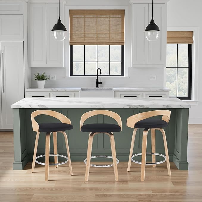 Sonia Modern Swivel Counter Height Bar Stool with Black Upholstered Seat and Patterned Oak Wood Finish Set of 3