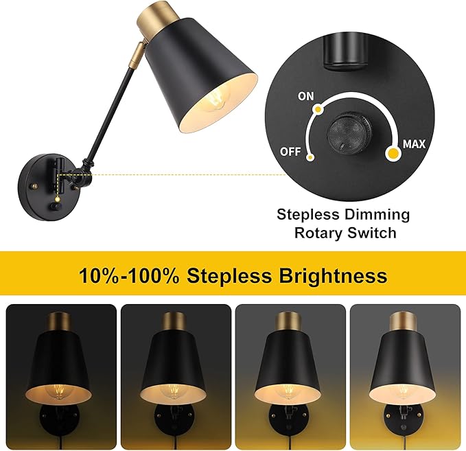 Dimmable Wall Lamp with Plug in Cord, Plug in Wall Sconces, Swing Arm Wall Light with On Off Switch, Metal Black Brass Industrial Wall Lamp for Bedroom, Living Room, E26 Base
