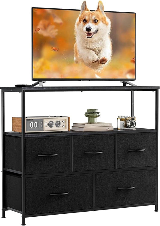 NEWBULIG 5 Drawer TV Stand with Wood Top, Entertainment Center for 45 inch TVs & Fabric Storage Organizer, Adjustable Feet, for Bedroom & Living Room,Black02