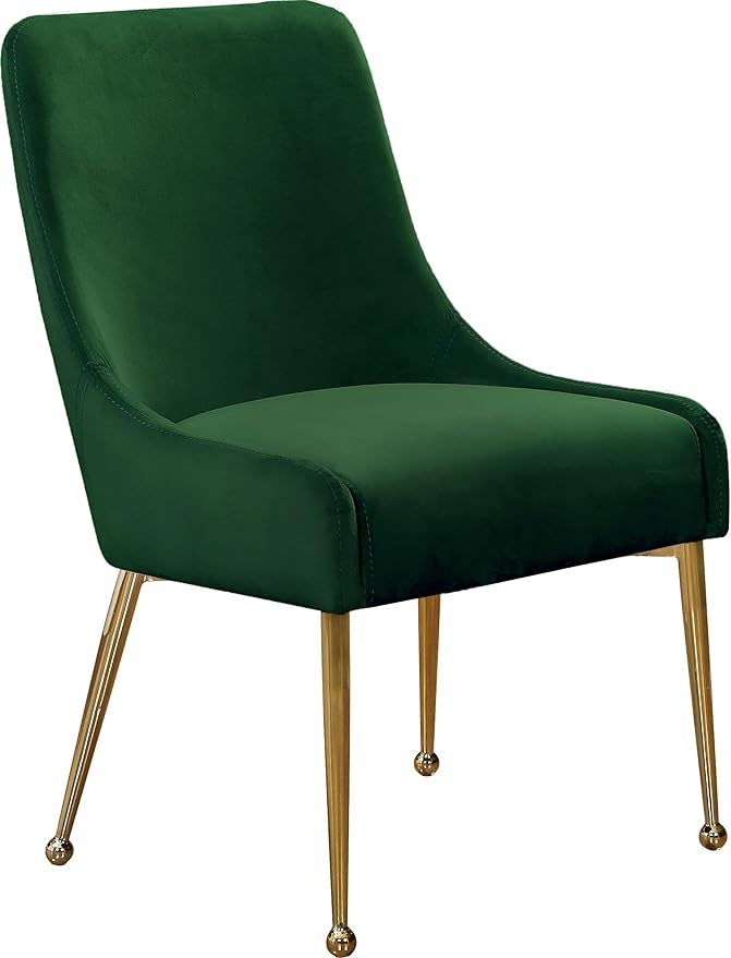 Meridian Furniture Owen Collection Modern | Contemporary Velvet Upholstered Dining Chair with Polished Gold Legs, Set of 2, 24" W x 21" D x 34.5" H, Green
