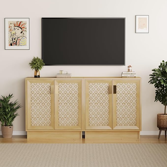Sideboard Buffets Storage Cabinet, Boho Rattan Accent Cabinet with Doors, Farmhouse Buffet Console Table Coffee Bar for Entryway Kitchen Dining Room, Floral Rattan